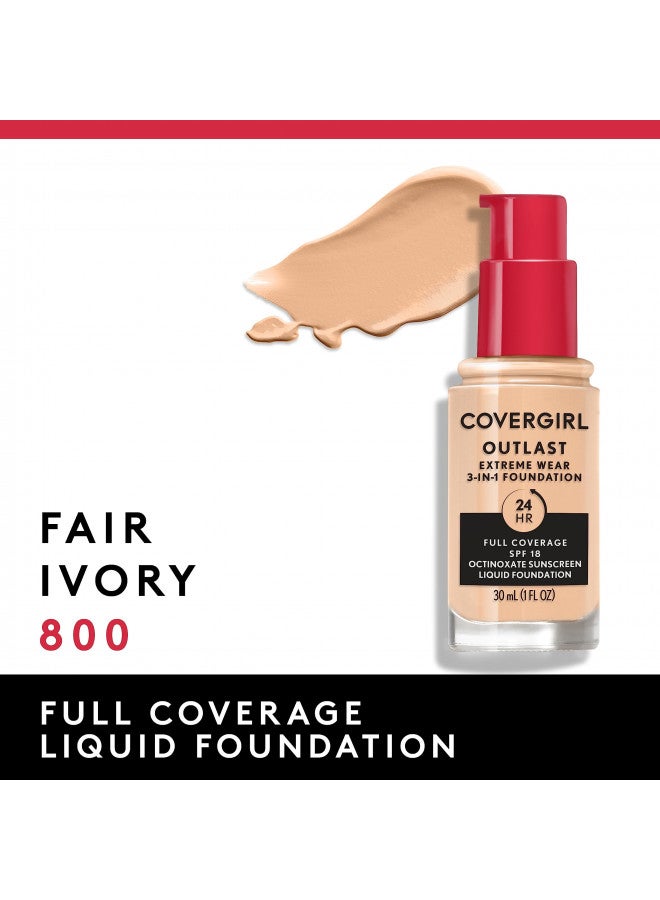 Covergirl Outlast Extreme Wear 3-in-1 Full Coverage Liquid Foundation, SPF 18 Sunscreen, Fair Ivory, 1 Fl. Oz.