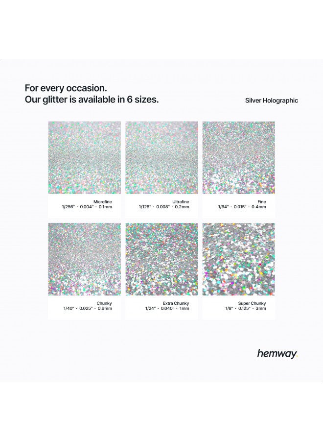 Hemway Premium Ultra Sparkle Glitter Multi Purpose Metallic Flake for Nail Art, Cosmetic Graded, Makeup, Festival, Party, Hair, Body and Eyes 100g / 3.5oz - Silver Holographic