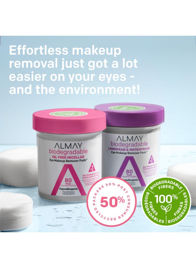 Makeup Remover Pads by Almay, Biodegradable Oil Free Micellar, Hypoallergenic, Cruelty Free, Fragrance Free Cleansing Wipes, 80 Pads (Pack of 1)