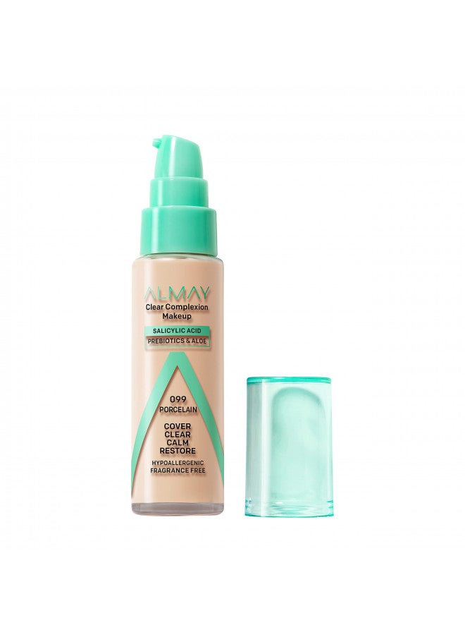 Almay Clear Complexion Acne Foundation Makeup with Salicylic Acid - Lightweight, Medium Coverage, Hypoallergenic, Fragrance-Free, for Sensitive Skin, 099 Porcelain, 1 fl oz.
