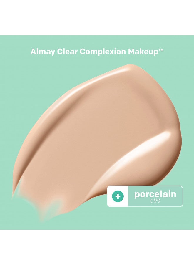 Almay Clear Complexion Acne Foundation Makeup with Salicylic Acid - Lightweight, Medium Coverage, Hypoallergenic, Fragrance-Free, for Sensitive Skin, 099 Porcelain, 1 fl oz.