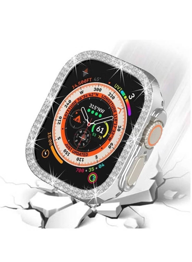 Double Row Bling Diamond Case Protective Case Women Girls Crystal Shining Rhinestone Compatible With Apple Watch Ultra 2 / Apple Watch Ultra 49mm Silver