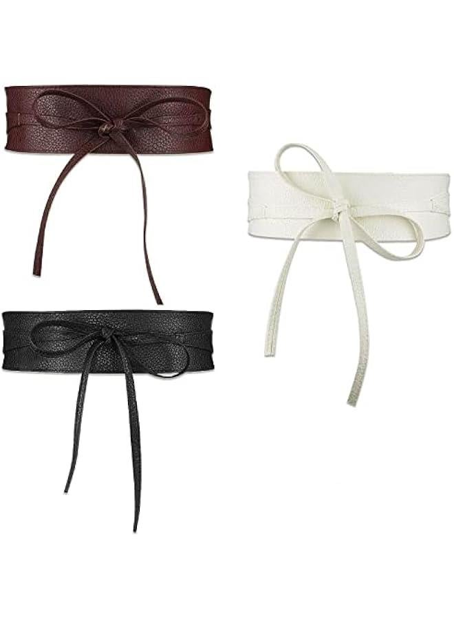 3Pcs PU Leather Self Tie Wrap Wide Waist Belt Wide Elastic Women Buckle Dress Matching Corset