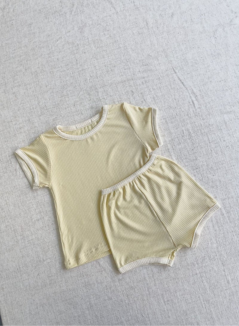 Baby Soft Breathable Cotton Short-Sleeved T-Shirt + Shorts Split Dark YellowTwo-Piece Set