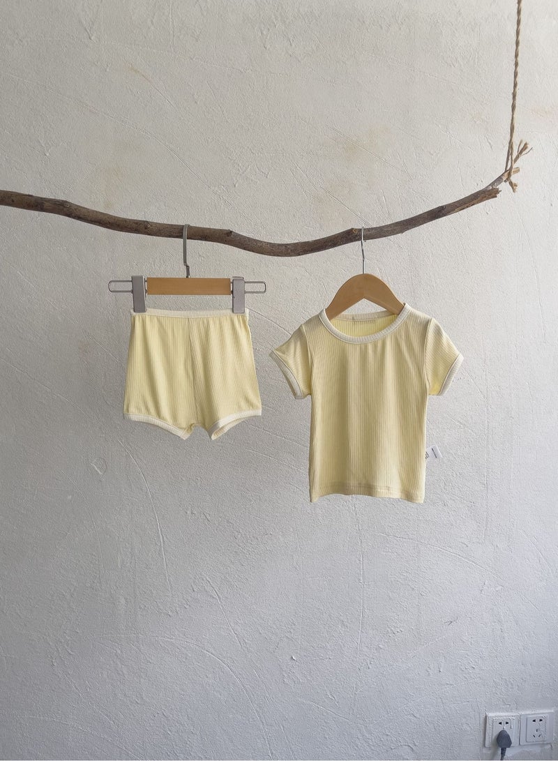 Baby Soft Breathable Cotton Short-Sleeved T-Shirt + Shorts Split Dark YellowTwo-Piece Set