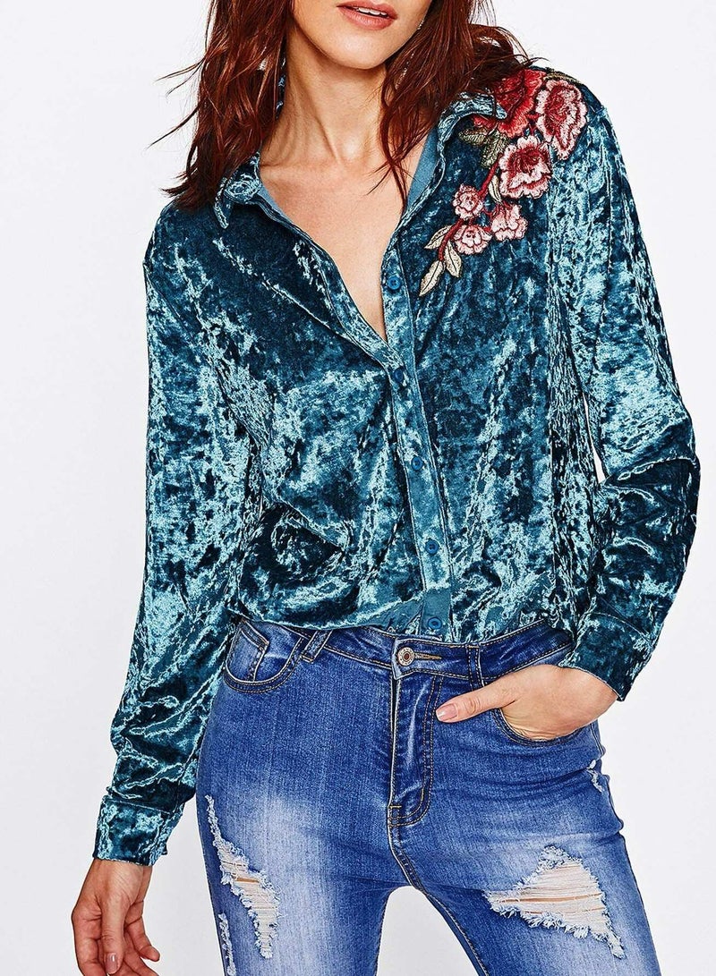 Embroidered Flower Applique Crushed Velvet Blouse