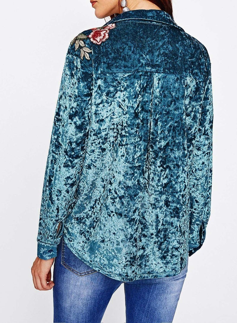 Embroidered Flower Applique Crushed Velvet Blouse