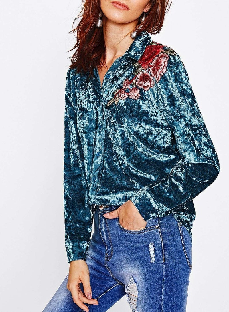 Embroidered Flower Applique Crushed Velvet Blouse