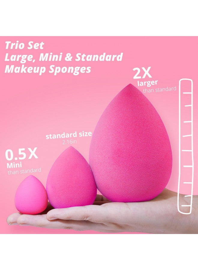 BEAKEY Trio Set: Large, Mini & Standard Makeup Sponges, Beauty Sponges Blender, Cruelty-free & Latex Free, Bouncy and Soft, for Powder, Cream and Liquid Blending, Rose Pink