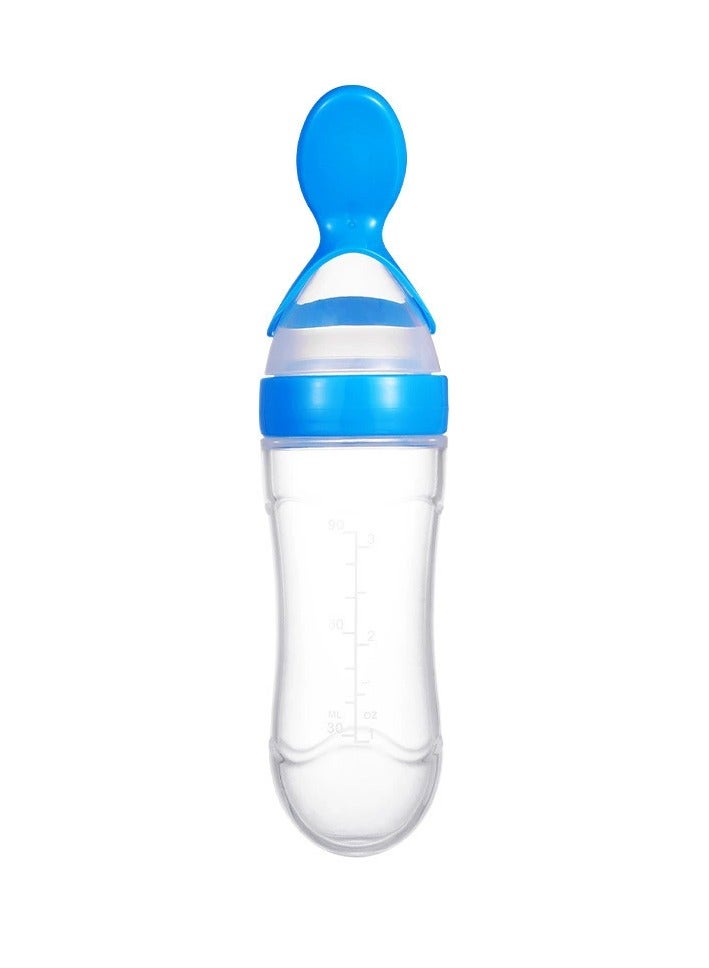 Baby Training Leak-proof Food Dispensing Silicone Baby Bottle and Spoon , Children's Complementary Food Bottle Blue/Transparent