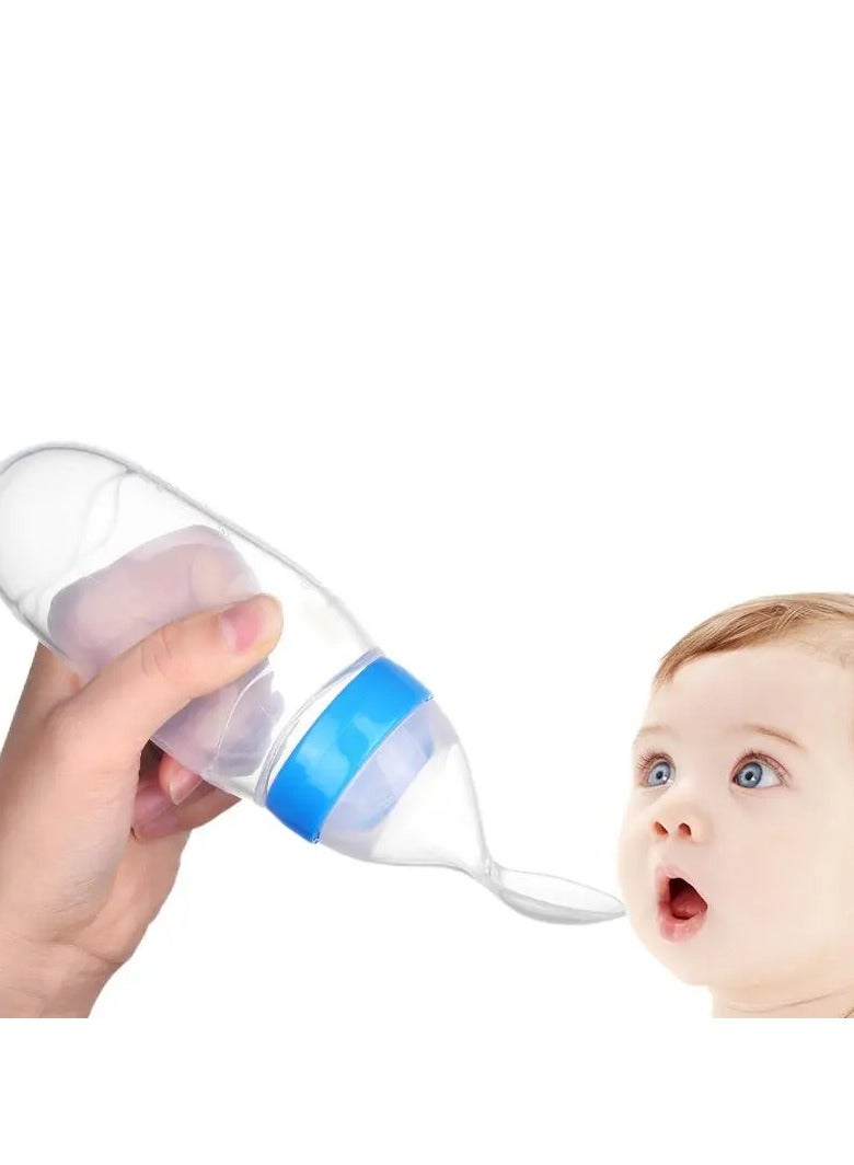 Baby Training Leak-proof Food Dispensing Silicone Baby Bottle and Spoon , Children's Complementary Food Bottle Blue/Transparent