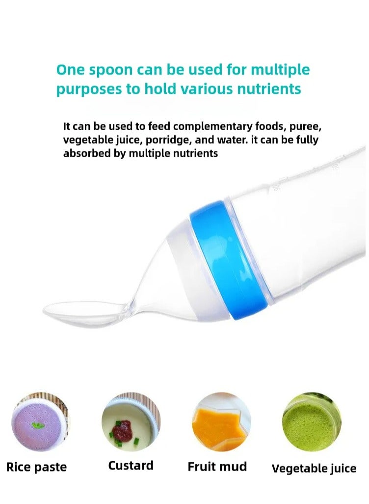 Baby Training Leak-proof Food Dispensing Silicone Baby Bottle and Spoon , Children's Complementary Food Bottle Blue/Transparent