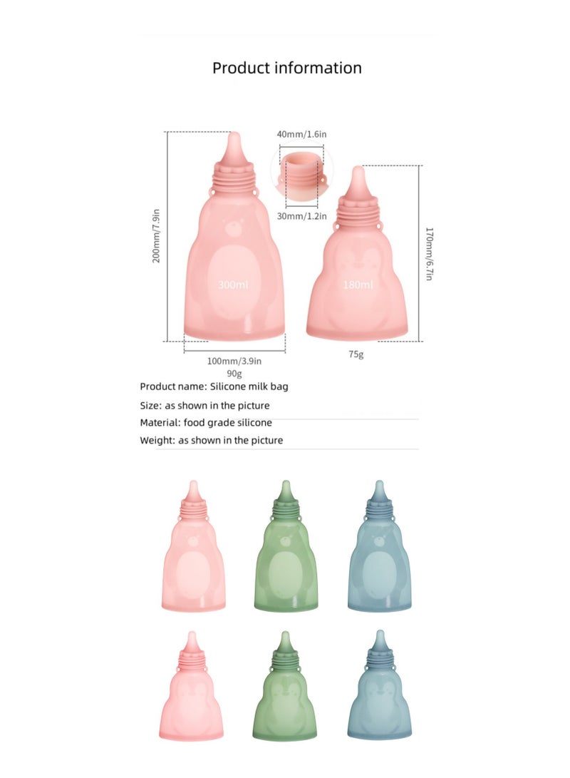 Home Fresh-Keeping Portable Silicone Breast Milk Bag Can Be Refrigerated And Reused Blue 300ml+180ml (2 Bags + 3 Nipples)