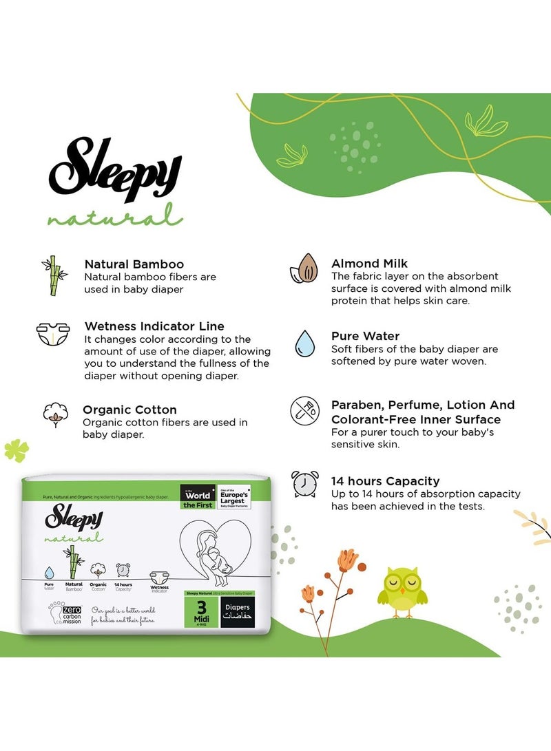 Sleepy Natural Size 3 (NewBorn) 136 Count 4-9Kg Hypoallergenic Baby Dry Diapers  Organic Cotton  Highly Absorbent Bamboo Extract  Ultimate Comfort and Dryness  100% Leakage Protection