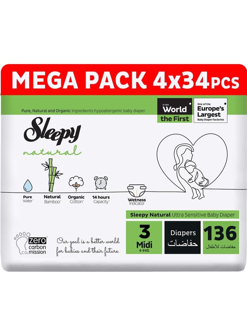 Sleepy Natural Size 3 (NewBorn) 136 Count 4-9Kg Hypoallergenic Baby Dry Diapers  Organic Cotton  Highly Absorbent Bamboo Extract  Ultimate Comfort and Dryness  100% Leakage Protection