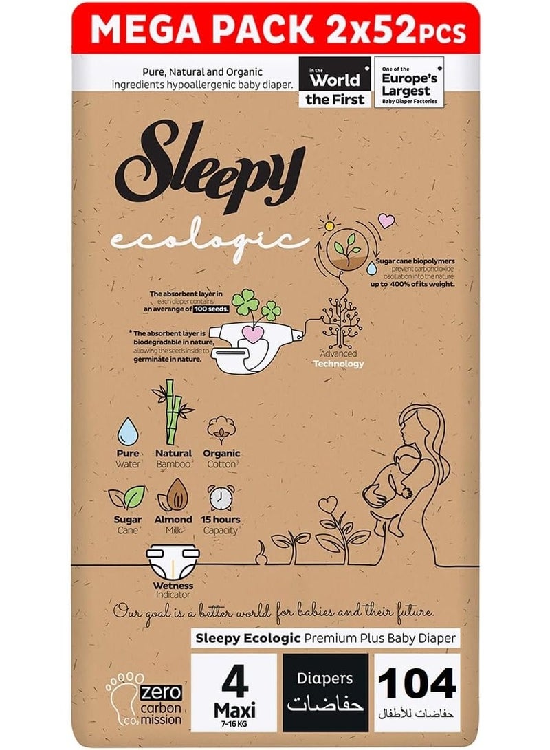 Sleepy Ecologic Size 4 104 Count (New Born) Hypoallergenic Plant-Based, Biodegradable, Sustainable Premium Taped Diapers with high absorption Organic Baby Dry Diaper 3-6 kg 100% leakproof