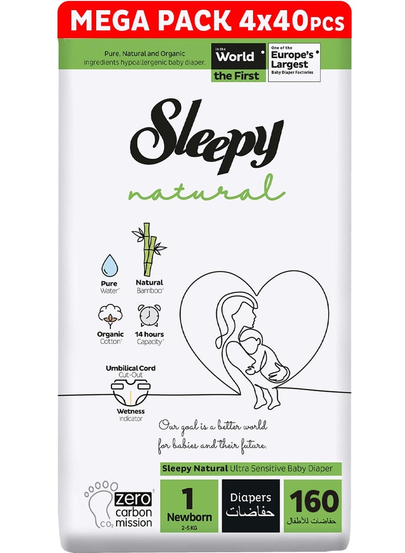 Sleepy Natural Size 1 (NewBorn)  160 Count  2-5Kg Hypoallergenic Baby Dry Diapers  Organic Cotton  Highly Absorbent  Bamboo Extract  Ultimate Comfort and Dryness  100% Leakage Protection