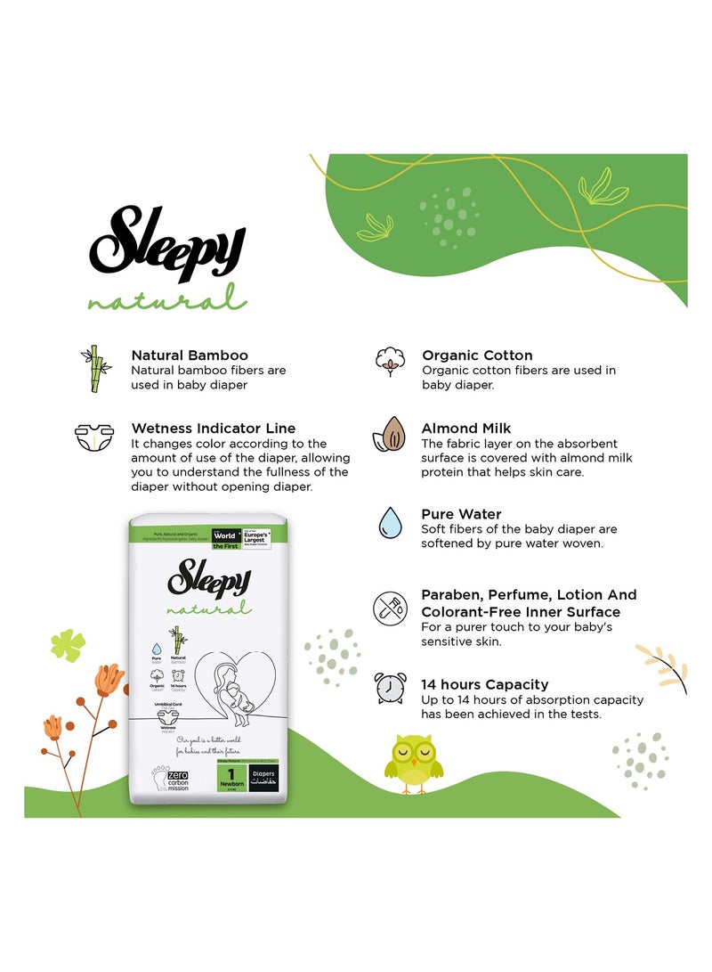 Sleepy Natural Size 1 (NewBorn)  160 Count  2-5Kg Hypoallergenic Baby Dry Diapers  Organic Cotton  Highly Absorbent  Bamboo Extract  Ultimate Comfort and Dryness  100% Leakage Protection