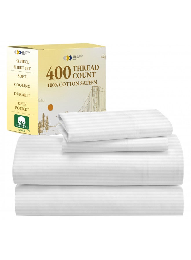 California Design Den Striped Sheets for Queen Size Bed, Natural 100% Cotton Sheets Luxury 400 Thread Count Sateen, 4 Piece Deep Pocket Cooling Sheets Set (White Sheets)