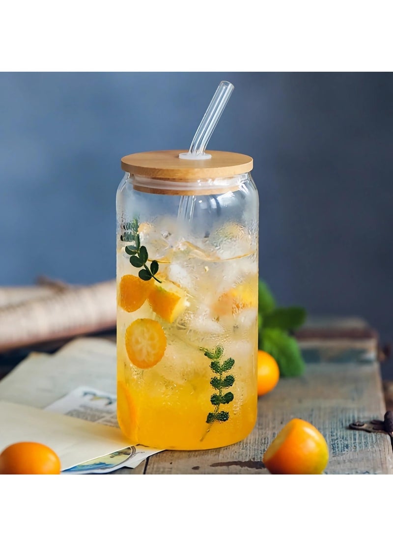 Drinking Glasses with Bamboo Lids and Glass Straw, 500ml Glass Cups, Tumbler Cup Ideal For Tea, Soda, Iced Coffee (6pc, 500ml)