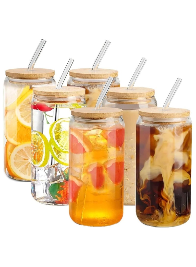 Drinking Glasses with Bamboo Lids and Glass Straw, 500ml Glass Cups, Tumbler Cup Ideal For Tea, Soda, Iced Coffee (6pc, 500ml)