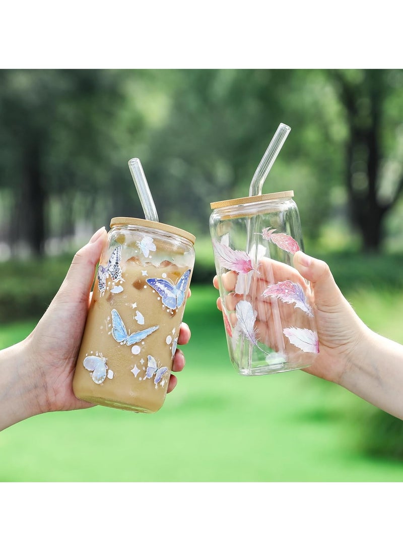 Drinking Glasses with Bamboo Lids and Glass Straw, 500ml Glass Cups, Tumbler Cup Ideal For Tea, Soda, Iced Coffee (6pc, 500ml)