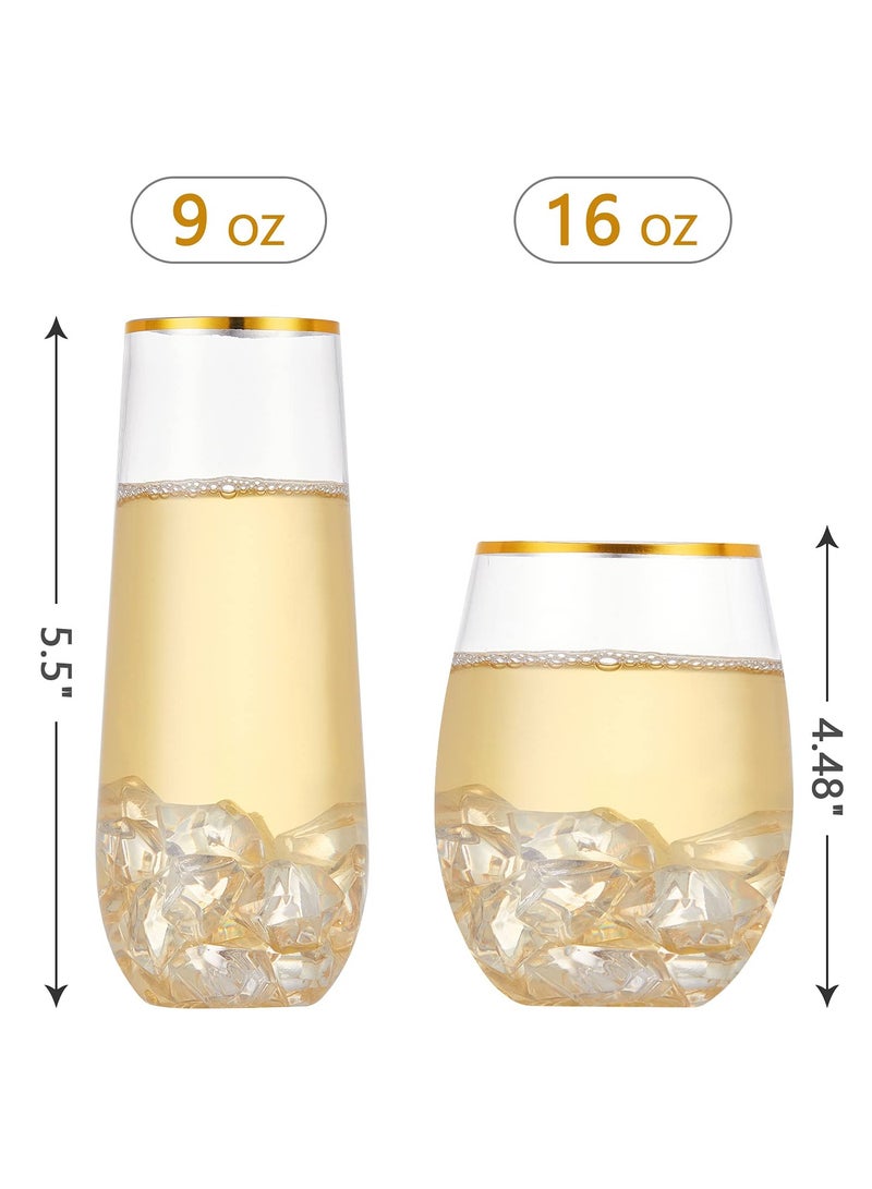 Gold Plastic Champagne Flutes Set - 12 Pack, Stemless Champagne Glasses, 16 Oz - Elegant Party Supplies