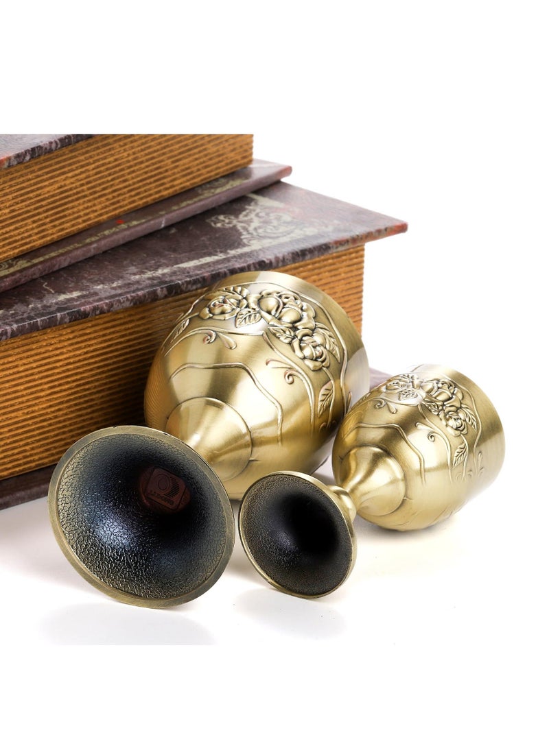 Vintage Chalice Goblet Set 2 Pack Royal Chalice Cup European Vintage Wine Glass Brass Altar Cup High-Grade Craftsmanship Exquisite Design and Multi-Purpose Use 5 OZ/1 OZ Embossed Flower