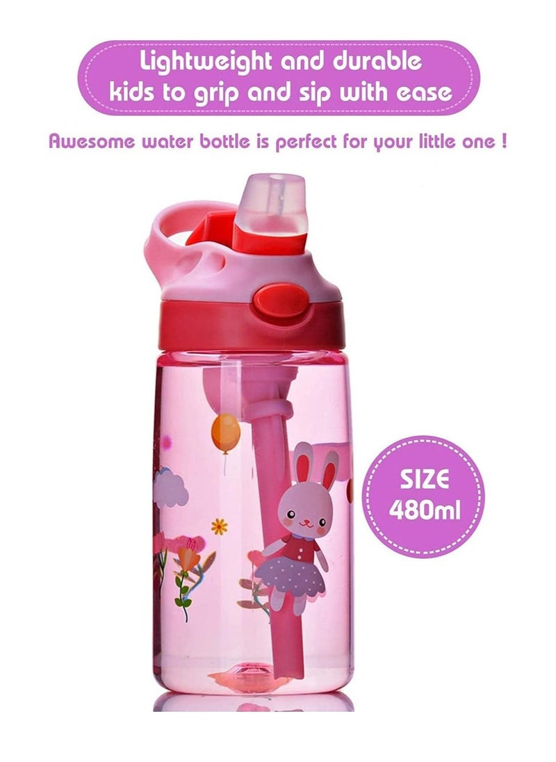 Children's Water Bottle Toddler Cup with Straw Leak-Proof Button to Open and Durable Plastic Drinking Suitable for Boys Girls Rabbits Indoor Outdoor