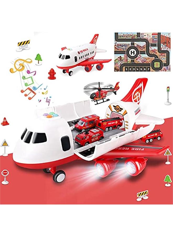 Airplane Toy with Fire Truck Cars and Play Mat,Plane with Lights and Sounds for 3 + Years Old Boys and Girls