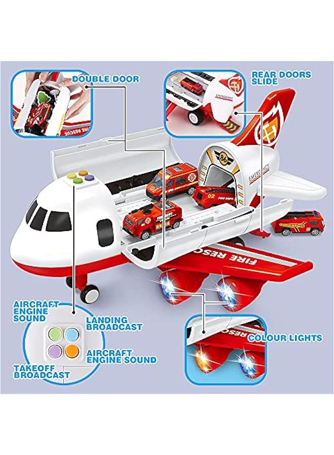 Airplane Toy with Fire Truck Cars and Play Mat,Plane with Lights and Sounds for 3 + Years Old Boys and Girls