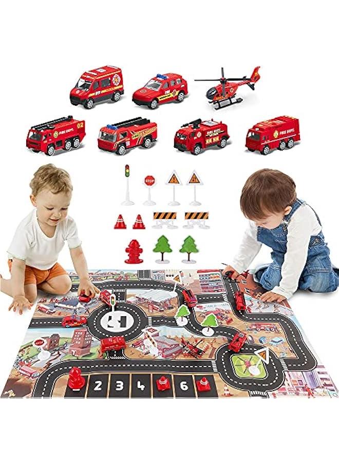 Airplane Toy with Fire Truck Cars and Play Mat,Plane with Lights and Sounds for 3 + Years Old Boys and Girls