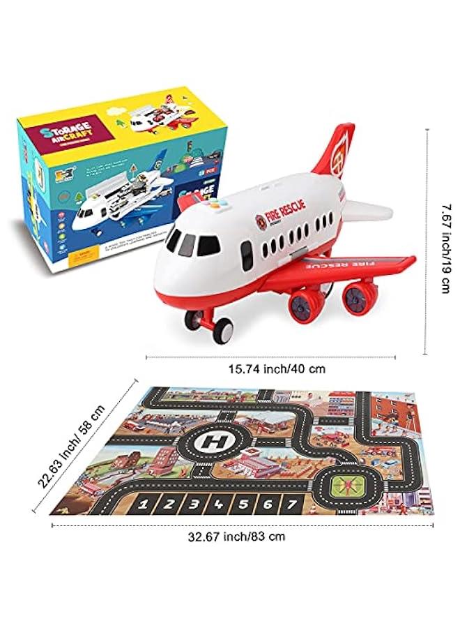 Airplane Toy with Fire Truck Cars and Play Mat,Plane with Lights and Sounds for 3 + Years Old Boys and Girls