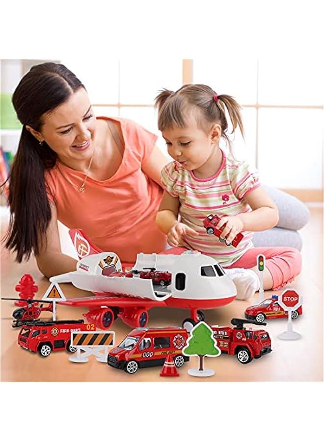 Airplane Toy with Fire Truck Cars and Play Mat,Plane with Lights and Sounds for 3 + Years Old Boys and Girls