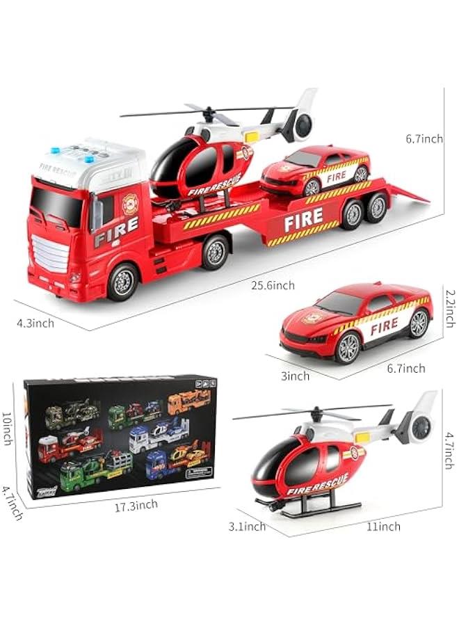 25.6 Semi Truck Toy with Racing Car and Helicopter for Kids Toddlers - Fire Toys,Birthday Gifts for Boy Toddler Child 2 3 4 5 6 Years Old