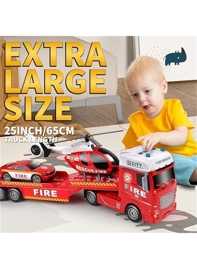 25.6 Semi Truck Toy with Racing Car and Helicopter for Kids Toddlers - Fire Toys,Birthday Gifts for Boy Toddler Child 2 3 4 5 6 Years Old