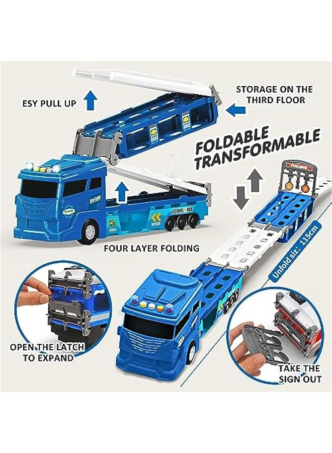 Hauler Truck with Ejection Race Track,Transport Car Carrier Truck -with 6 Cars,Gift for 3 4 5+ Boys