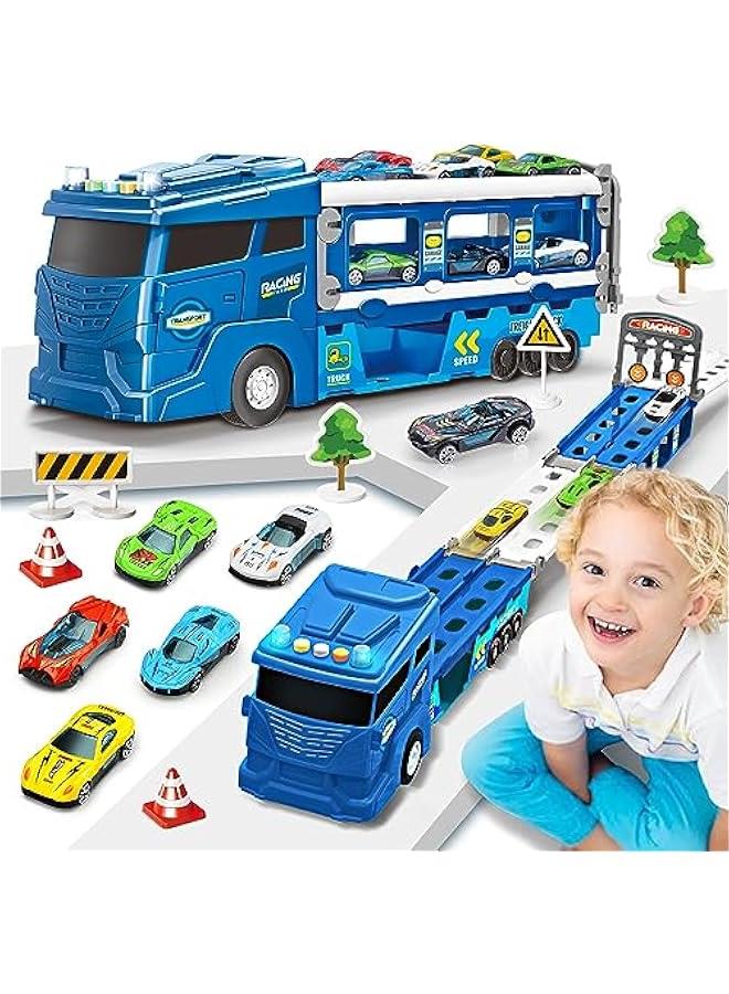 Hauler Truck with Ejection Race Track,Transport Car Carrier Truck -with 6 Cars,Gift for 3 4 5+ Boys