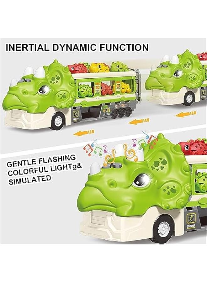 Dinosaur Hauler Truck with Ejection Race Track,1 Toy Triceratops Dinosaur Transport Carrier Truck with 6 Dinosaur Car Vehicles,Car Toys Playset with Lights Sounds,Kids Gifts