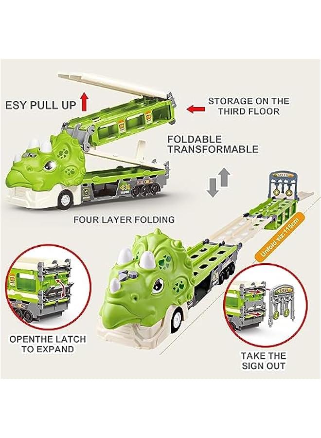 Dinosaur Hauler Truck with Ejection Race Track,1 Toy Triceratops Dinosaur Transport Carrier Truck with 6 Dinosaur Car Vehicles,Car Toys Playset with Lights Sounds,Kids Gifts