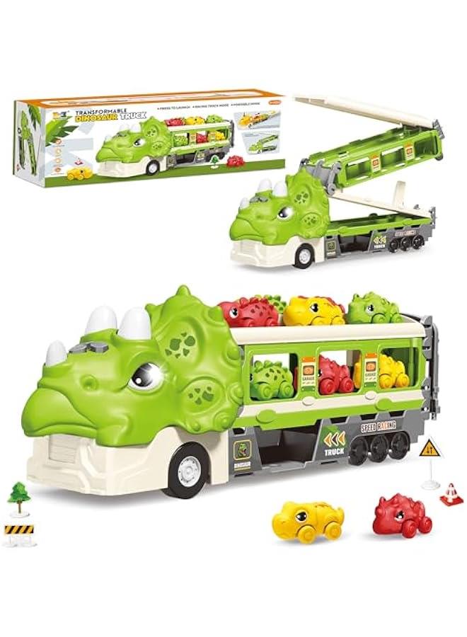 Dinosaur Hauler Truck with Ejection Race Track,1 Toy Triceratops Dinosaur Transport Carrier Truck with 6 Dinosaur Car Vehicles,Car Toys Playset with Lights Sounds,Kids Gifts