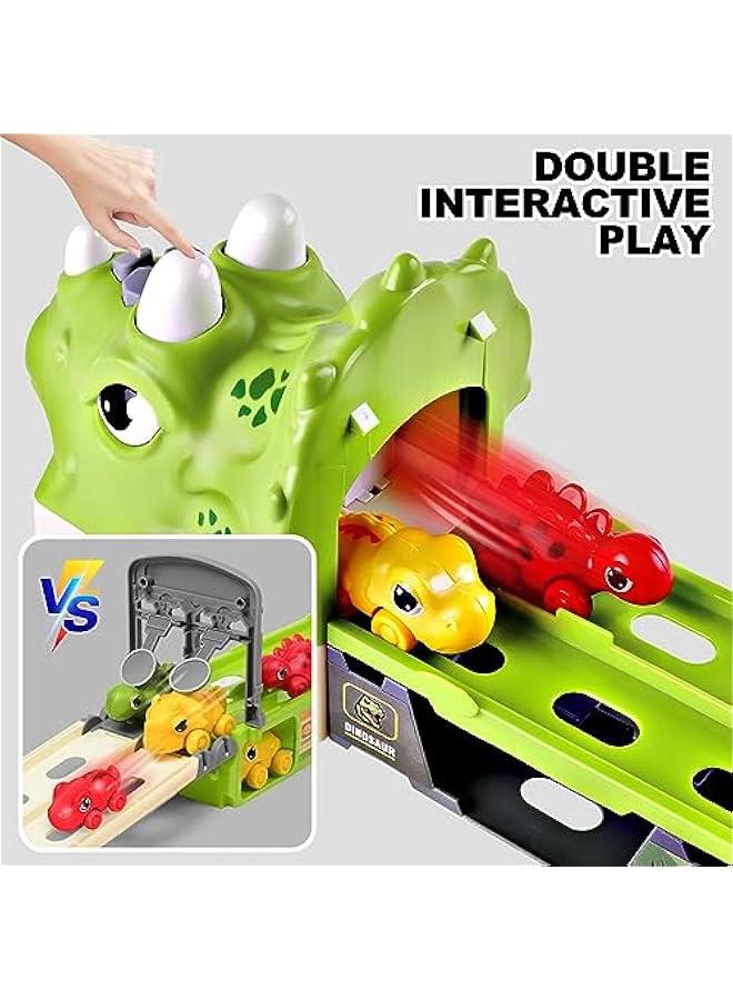 Dinosaur Hauler Truck with Ejection Race Track,1 Toy Triceratops Dinosaur Transport Carrier Truck with 6 Dinosaur Car Vehicles,Car Toys Playset with Lights Sounds,Kids Gifts