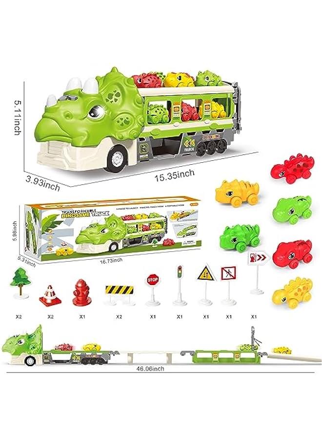 Dinosaur Hauler Truck with Ejection Race Track,1 Toy Triceratops Dinosaur Transport Carrier Truck with 6 Dinosaur Car Vehicles,Car Toys Playset with Lights Sounds,Kids Gifts