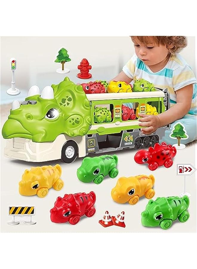 Dinosaur Hauler Truck with Ejection Race Track,1 Toy Triceratops Dinosaur Transport Carrier Truck with 6 Dinosaur Car Vehicles,Car Toys Playset with Lights Sounds,Kids Gifts