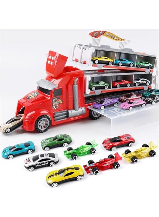 Carrier Truck Toys for Kids,5-FT Hauler Truck with Ejection Race Track and 16 Die-Cast Metal Toy Cars,Car Toy Gift for 2 3 4 5 Years Old Boys and Girls(Red)