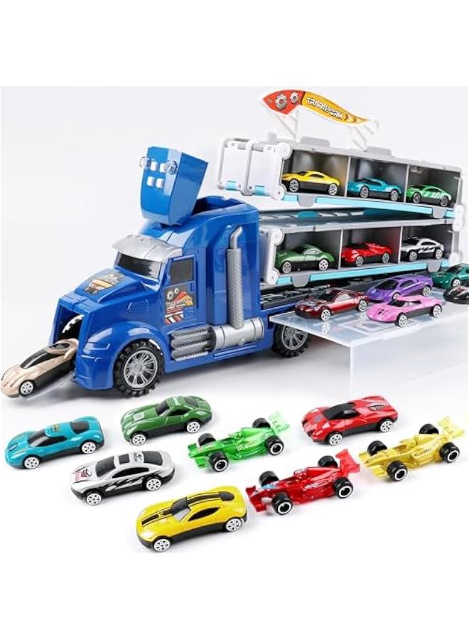 Carrier Truck Toys for Kids,5-FT Hauler Truck with Ejection Race Track and 16 Die-Cast Metal Toy Cars,Car Toy Gift for 2 3 4 5 Years Old Boys and Girls(Blue)