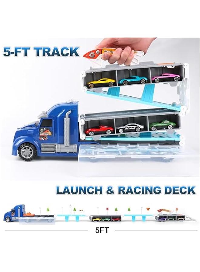 Carrier Truck Toys for Kids,5-FT Hauler Truck with Ejection Race Track and 16 Die-Cast Metal Toy Cars,Car Toy Gift for 2 3 4 5 Years Old Boys and Girls(Blue)