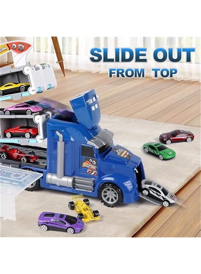 Carrier Truck Toys for Kids,5-FT Hauler Truck with Ejection Race Track and 16 Die-Cast Metal Toy Cars,Car Toy Gift for 2 3 4 5 Years Old Boys and Girls(Blue)