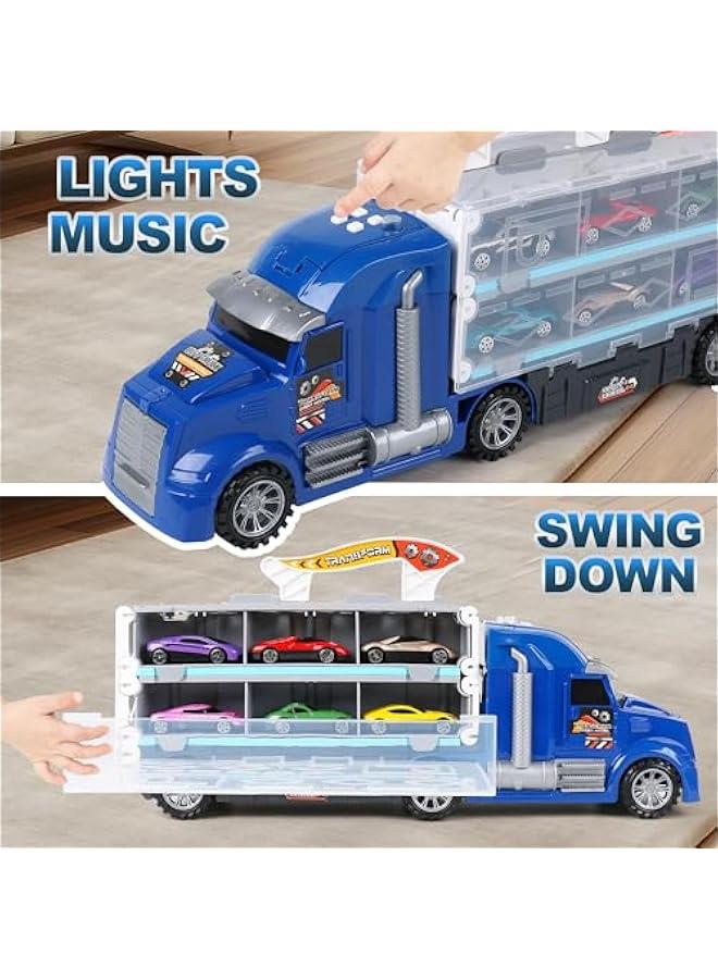 Carrier Truck Toys for Kids,5-FT Hauler Truck with Ejection Race Track and 16 Die-Cast Metal Toy Cars,Car Toy Gift for 2 3 4 5 Years Old Boys and Girls(Blue)