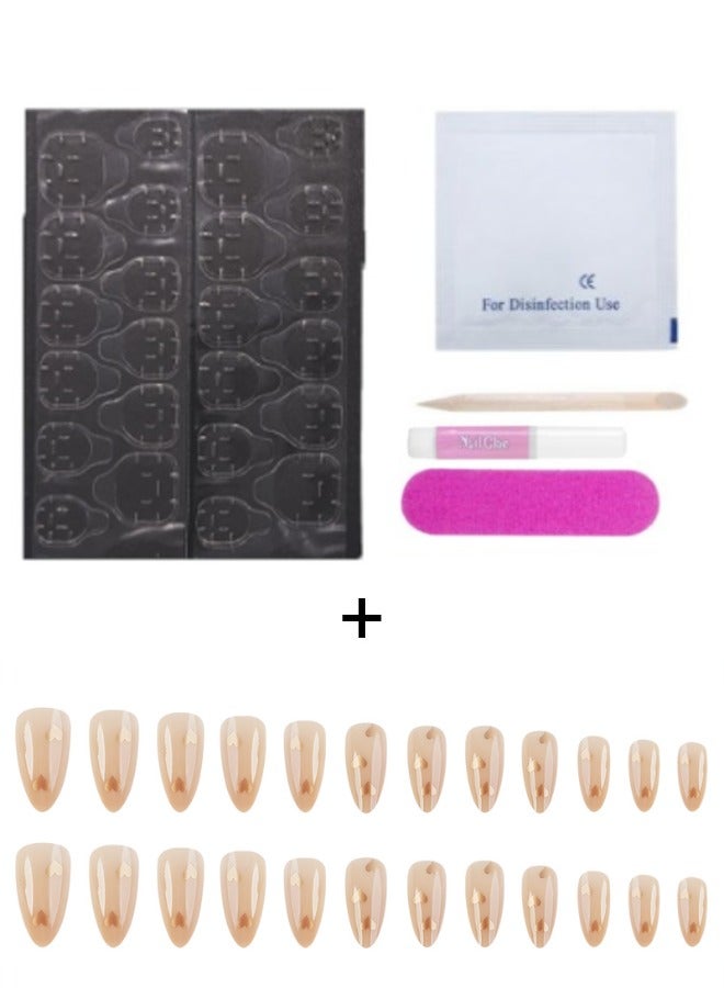 24pcs Golden Heart Shape False Nails + 5pcs Kit Press-On False Nails Wearable Nails